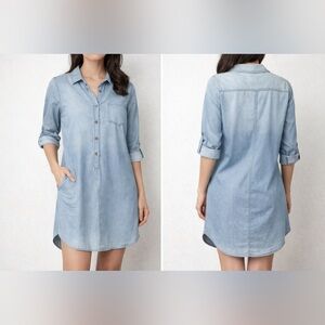 Light Wash Denim Shirt Dress Button Front Long Sleeve Women Size L NWOT